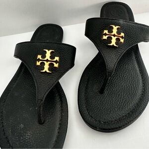 Tory Burch Black Leather Sandal with Gold Emblem Size 6 Medium